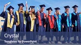  Presentation with university building - Slide deck consisting of young graduates students group standing background and a ocean colored foreground