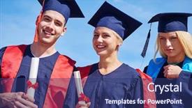  Presentation with university building - Slide set featuring young graduates students group standing background and a  colored foreground