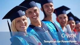  Presentation with university building - Cool new PPT layouts with young graduates students group standing backdrop and a  colored foreground