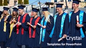  Presentation with university building - PPT theme with young graduates students group standing background and a  colored foreground