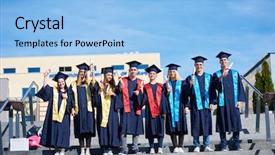  Presentation with university building - Cool new slide deck with young graduates students group standing backdrop and a  colored foreground