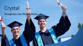  Presentation with university building - Slide set with young graduates students group standing background and a  colored foreground