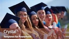  Presentation with university building - Audience pleasing slide set consisting of young graduates students group standing backdrop and a tawny brown colored foreground