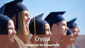  Presentation with university building - PPT theme enhanced with young graduates students group standing background and a tawny brown colored foreground