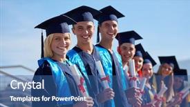  Presentation with university building - Slide set consisting of young graduates students group standing background and a  colored foreground