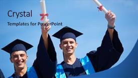  Presentation with university building - Slide set consisting of young graduates students group standing background and a  colored foreground