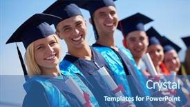  Presentation with university building - Colorful PPT theme enhanced with young graduates students group standing backdrop and a  colored foreground