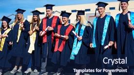  Presentation with university building - PPT layouts having young graduates students group standing background and a navy blue colored foreground