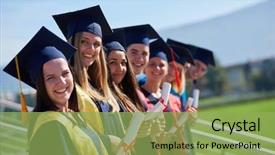  Presentation with university building - Slide deck enhanced with young graduates students group standing background and a  colored foreground