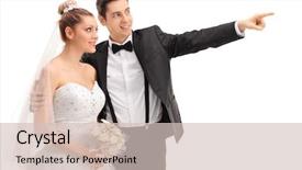  Presentation with bride - PPT theme enhanced with young groom showing something to his bride and smiling isolated on white background background and a soft green colored foreground