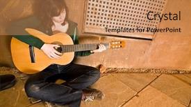  Presentation with performer - PPT layouts consisting of young guitar performer in urban background background and a coral colored foreground