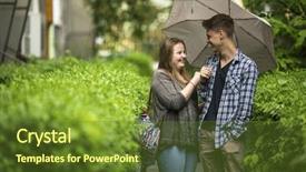  Presentation with under umbrella - Presentation with young guy and girl talking under an umbrella background and a tawny brown colored foreground