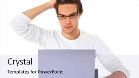  Presentation with computer configuration - Cool new theme with young guy got a problem backdrop and a  colored foreground