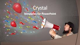 Presentation with confetti - PPT theme featuring young guy having fun shouting into megaphone with balloons and confetti background and a gray colored foreground