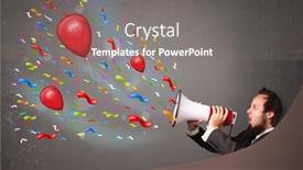  Presentation with confetti - Slide set enhanced with young guy having fun shouting into megaphone with balloons and confetti background and a gray colored foreground