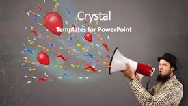  Presentation with confetti - Presentation theme enhanced with young guy having fun shouting into megaphone with balloons and confetti background and a gray colored foreground