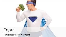  Presentation with superhero - Presentation theme having young guy in a superhero outfit taking a bite of a large piece of broccoli isolated on white background background and a white colored foreground
