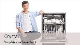  Presentation with kneeling - Slide deck consisting of young guy kneeling next background and a light gray colored foreground