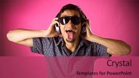  Presentation with funky - PPT theme with young guy listening loud funky music with headphones and stick out the tongue background and a red colored foreground
