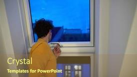  Presentation with home - Amazing slide set having young-guy-looking-through backdrop and a tawny brown colored foreground