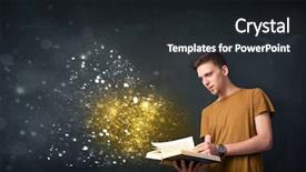  Presentation with magical - Presentation theme featuring young guy reading a magical book in front of a blackboard background and a wine colored foreground