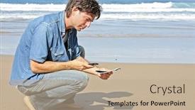  Presentation with text message - Amazing PPT layouts having young guy sending an text message at the beach backdrop and a coral colored foreground