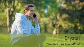  Presentation with cell - PPT theme consisting of young-guy-speaks-on-mobile background and a gold colored foreground