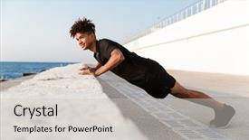  Presentation with exercises - Presentation consisting of young guy sportsman make exercise background and a light gray colored foreground