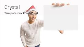  Presentation with christmas card - Cool new slides with young guy with a christmas hat showing a blank card isolated on white background backdrop and a white colored foreground
