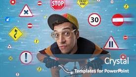  Presentation with economic outlook - Slide set featuring young guy with stylish outlook background and a teal colored foreground