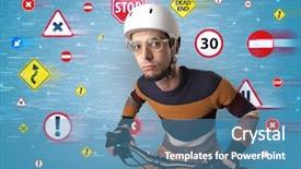  Presentation with economic outlook - Cool new slide set with young guy with stylish outlook backdrop and a  colored foreground