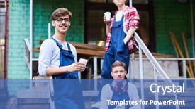  Presentation with engineering - Slides consisting of young guys in workwear lean background and a teal colored foreground