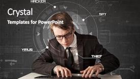  Presentation with hacking - Slides consisting of young hacker in futuristic enviroment background and a dark gray colored foreground
