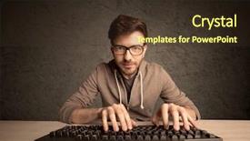 Presentation with computer hacker - Colorful presentation enhanced with young hacker with glasses dressed backdrop and a tawny brown colored foreground