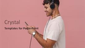  Presentation with headphones - Presentation theme having young-hadsome-stylish-smiling-man background and a coral colored foreground