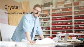  Presentation with handcraft - Slide set with young handcraft master leaning background and a coral colored foreground