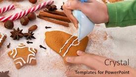  Presentation with decorate - Cool new slide set with young-hands-decorate-gingerbread-cookies backdrop and a coral colored foreground