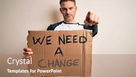 Presentation with change - PPT theme featuring young-handsome-activist-man-holding background and a coral colored foreground