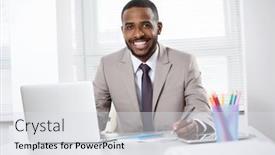  Presentation with american - Audience pleasing theme consisting of young-handsome-african-american-businessman backdrop and a light gray colored foreground