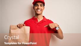  Presentation with food delivery - Presentation design consisting of young-handsome-african-american-delivery background and a coral colored foreground