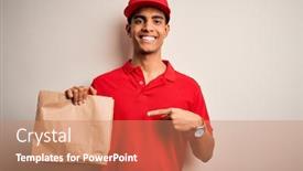  Presentation with food delivery - PPT layouts with young-handsome-african-american-delivery background and a coral colored foreground