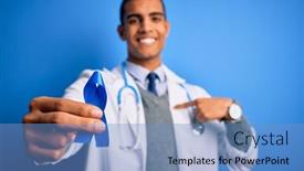  Presentation with blue ribbon symbol - Presentation theme enhanced with young-handsome-african-american-doctor background and a teal colored foreground