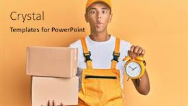  Presentation with express delivery - Colorful slide set enhanced with young-handsome-african-american-man backdrop and a yellow colored foreground