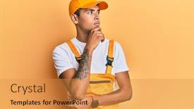  Presentation with handyman - Presentation design with young-handsome-african-american-man background and a gold colored foreground
