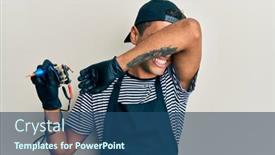  Presentation with tattoo - PPT theme with young-handsome-african-american-man background and a ocean colored foreground