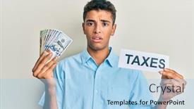  Presentation with taxes - Cool new slide deck with young-handsome-african-american-man backdrop and a light blue colored foreground