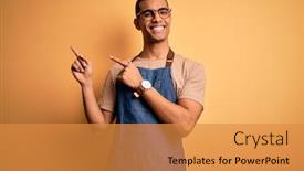  Presentation with apron - PPT theme featuring young-handsome-african-american-shopkeeper background and a gold colored foreground