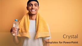  Presentation with water bottle - PPT theme having young-handsome-african-american-sportsman background and a yellow colored foreground