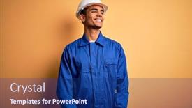  Presentation with worker - Beautiful slide deck featuring young-handsome-african-american-worker backdrop and a navy blue colored foreground