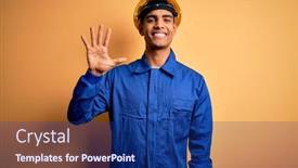  Presentation with worker - Presentation enhanced with young-handsome-african-american-worker background and a navy blue colored foreground
